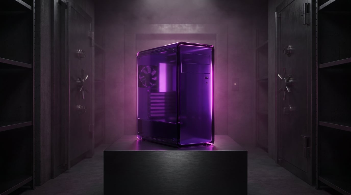 A glowing violet personal machine in a private dark space